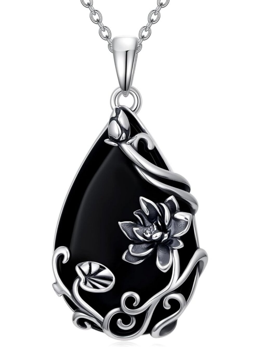 Elegant Black Onyx Teardrop Necklace, 925 Sterling Silver Flower Pendant